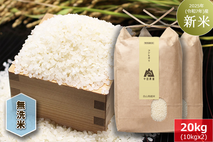 【無洗米】白山鳥越米『コシヒカリ』20kg　2025年（令和7年）産「新米」