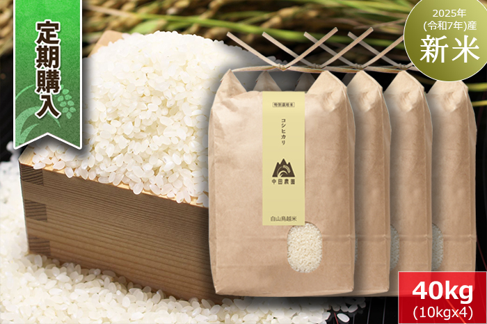 【定期購入】白山鳥越米『コシヒカリ』40kg（10kg×4）　2025年（令和7年）産「新米」