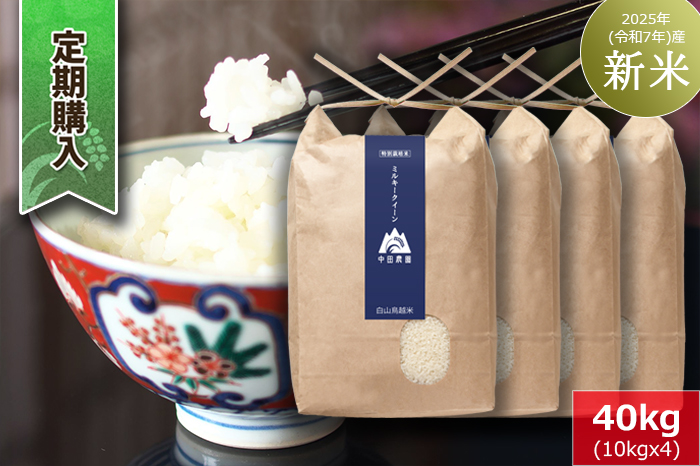 【定期購入】白山鳥越米『ミルキークイーン』40kg（10kg×4）　2025年（令和7年）産「新米」